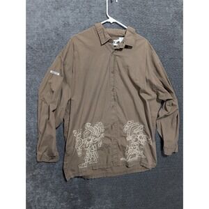 Mecca USA Mens XL Brown Cotton Aztec Embroidered Long Sleeve Button Down Shirt